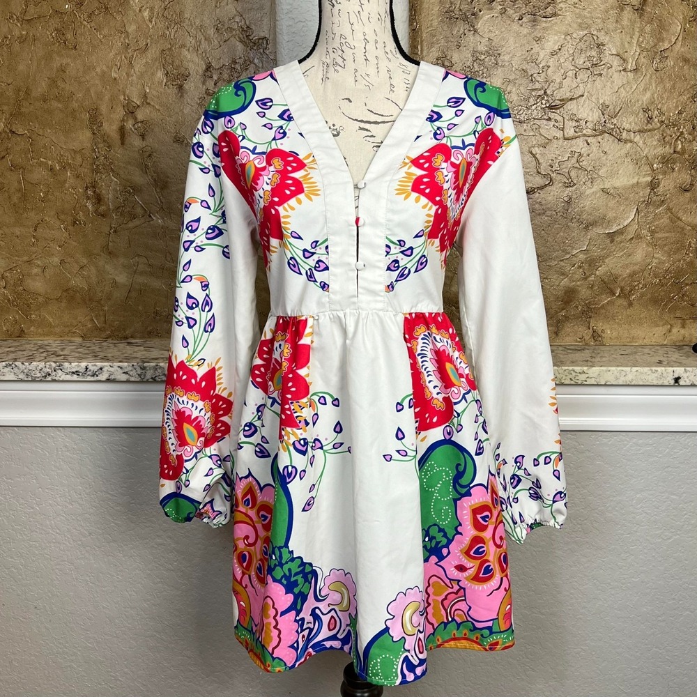 Commense A Line Tunic‎ Dress Womens Small Long Sleeve Floral Bohemian Multicolor
